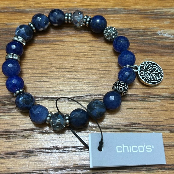 NWT Chico's Ocean FB Beaded Blue Stretch Bracelet with Silver Charm - Picture 1 of 2